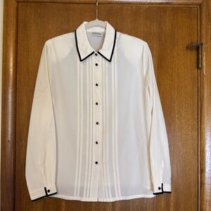 Elegant White Shirt with Black Velour Accents Gem-like Buttons Long Sleeve